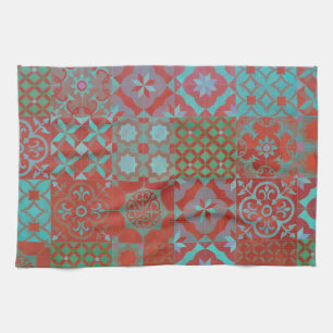 Cool, trendy Aegean tiles in red and blue Tea Towel