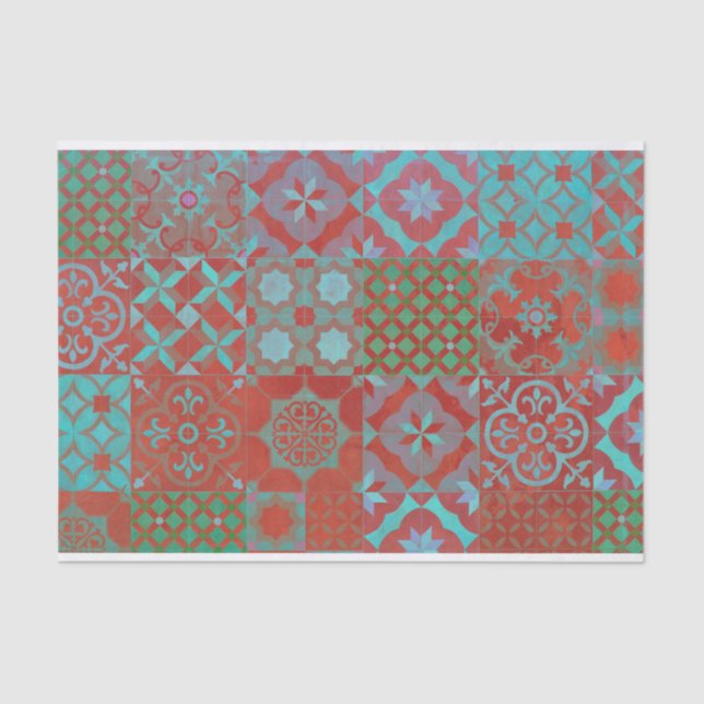 Cool, trendy Aegean tiles in red and blue Tissue Paper (Front)