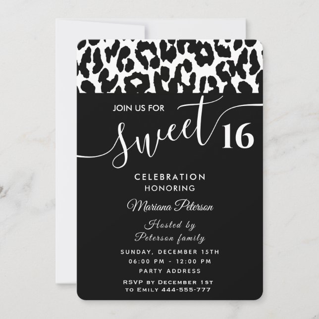 Cool Trendy black white leopard sweet 16  Invitati Invitation (Front)