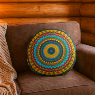  Cool Trendy Blue Red Yellow Mandala Tribal Ethnic Round Cushion