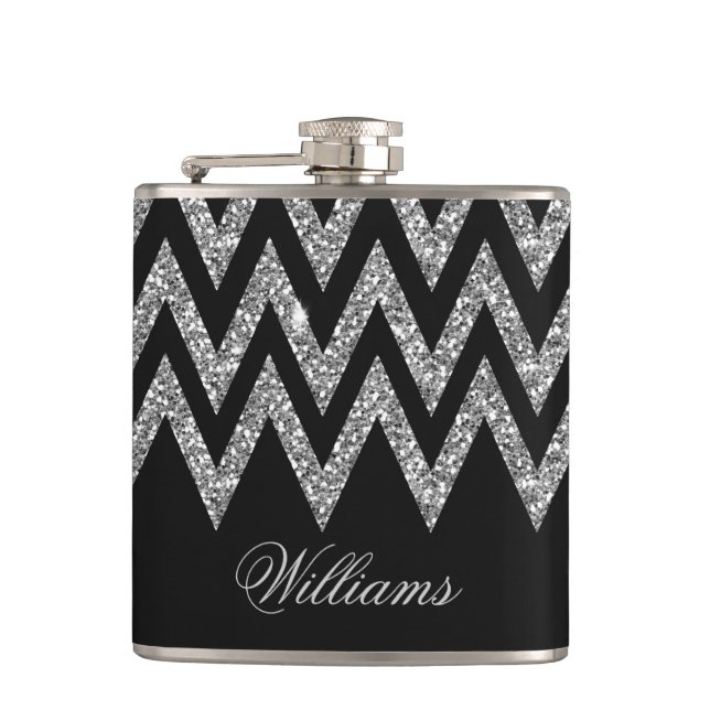 Cool trendy chevron zigzag silver faux glitter hip flask (Front)