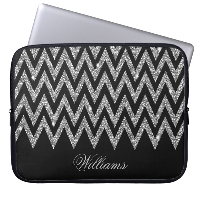 Cool trendy chevron zigzag silver faux glitter laptop sleeve (Front)