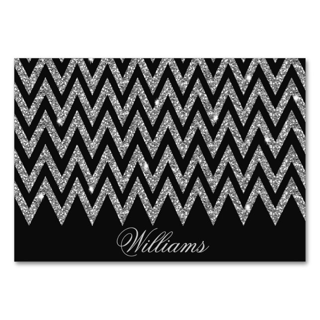Cool trendy chevron zigzag silver faux glitter table number (Front)