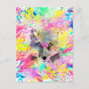 Cool trendy colourful vibrant fox abstract paint postcard