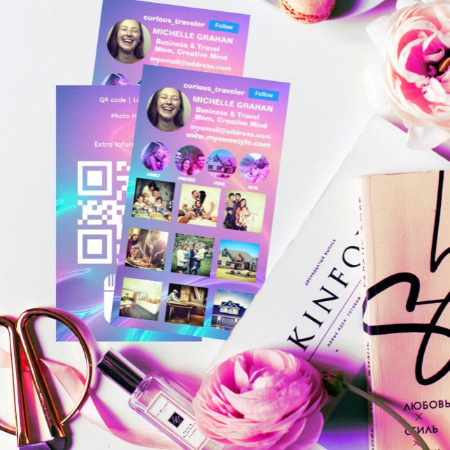 cool trendy instagram profile business card (Instagram business card profile picture qr code photo grid and logo.)