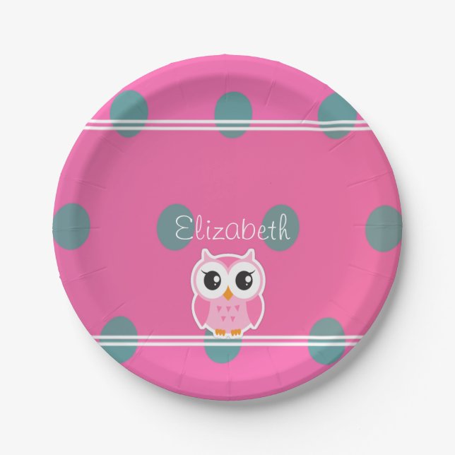 Cool Trendy Polka Dots With Cute Owl-Personalised Paper Plate (Front)
