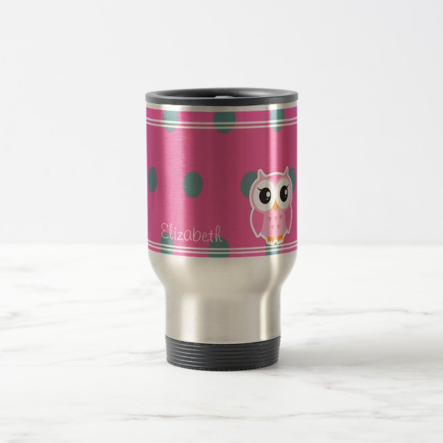 Cool Trendy Polka Dots With Cute Owl-Personalised Travel Mug (Center)