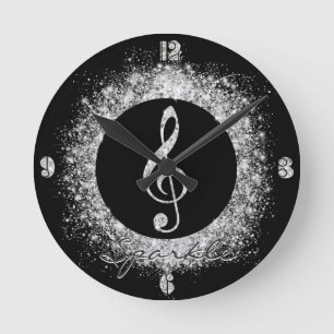 Cool trendy sparkles glitter dust  treble clef round clock