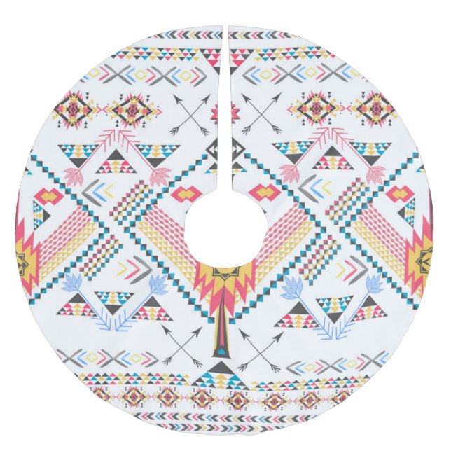 Cool trendy tribal ethnic geometric pattern brushed polyester tree skirt (Front)