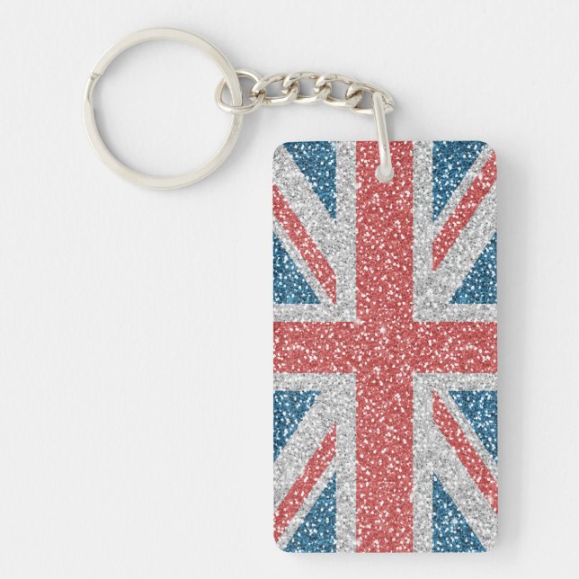 Cool trendy U.K. Union Jack flag faux glitter Key Ring (Front)