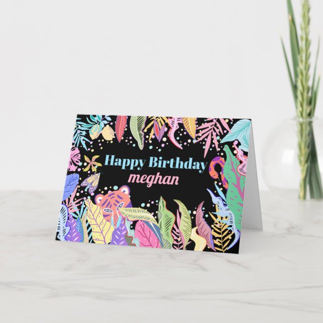 Cool Trendy Watercolor Tropical Jungle Birthday Card (Front)