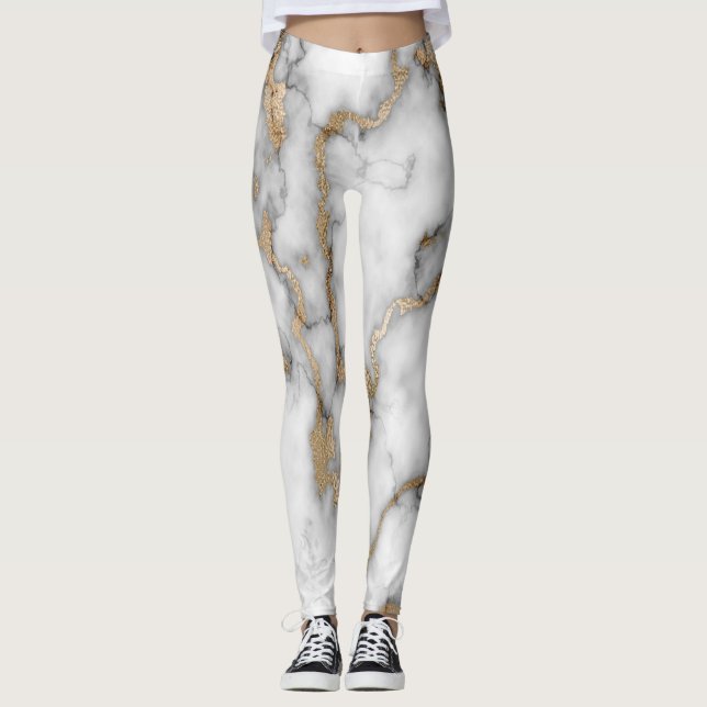 Cool Trendy White Gold Marble Pattern Leggings (Front)