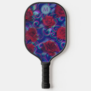  Cool Trippy Glitch Damask Modern Red Rose Purple Pickleball Paddle