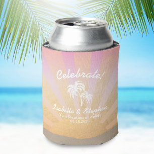 Cool Tropical Beach Wedding Palm Tree, Sun, Sand Can Cooler