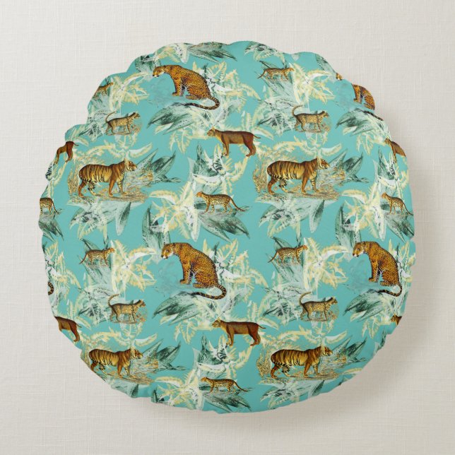 Cool Tropical Safari Wild Cats Teal Blue Round Cushion (Front)