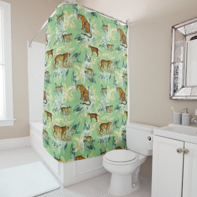 Cool Tropical Safari Wild Cats Tiger Sage Green Shower Curtain (In Situ)