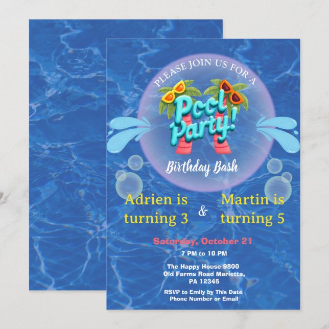Cool Tropical Splash Joint Pool Party birthday Invitation (Front/Back)