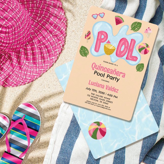 Cool Tropical Summer Pool Party Quinceañera Invitation (Creator Uploaded)