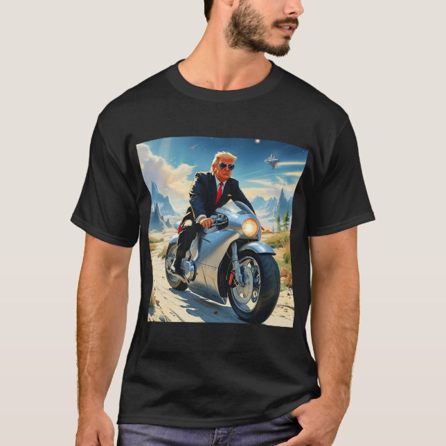 cool Trump Motorcycle Alien Planet Spaceship MAGA T-Shirt (Front)