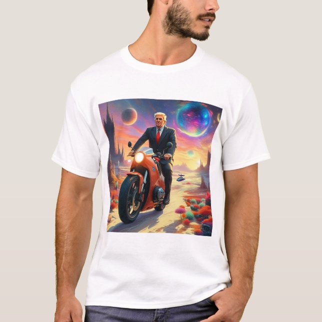 cool Trump Motorcycle Alien Planet Spaceship MAGA T-Shirt (Front)