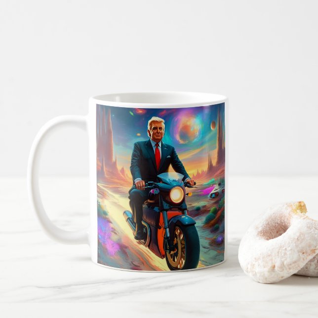 cool Trump riding Motorcycle on Alien Planet MAGA Coffee Mug (With Donut)