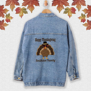 Cool Turkey Happy Thanksgiving Family name text Denim Jacket