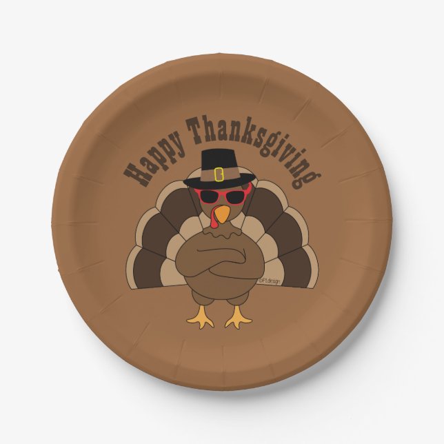 Cool Turkey Happy Thanksgiving fun Custom text  Paper Plate (Front)