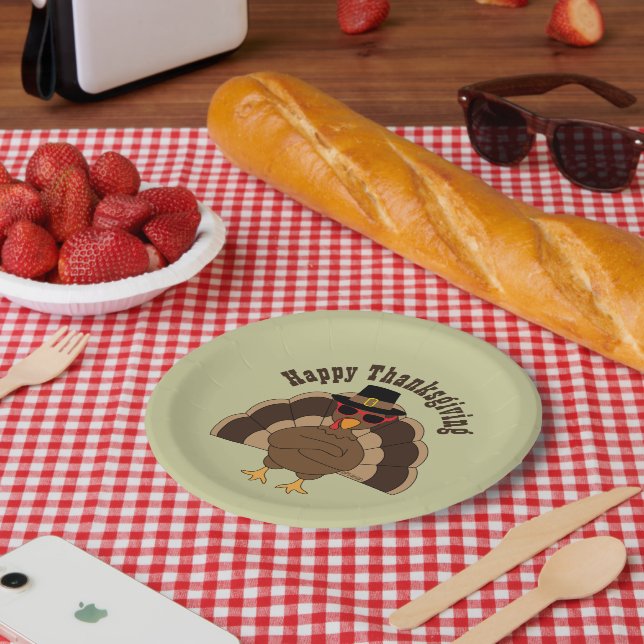 Cool Turkey Happy Thanksgiving fun Custom text  Paper Plate (Picnic)