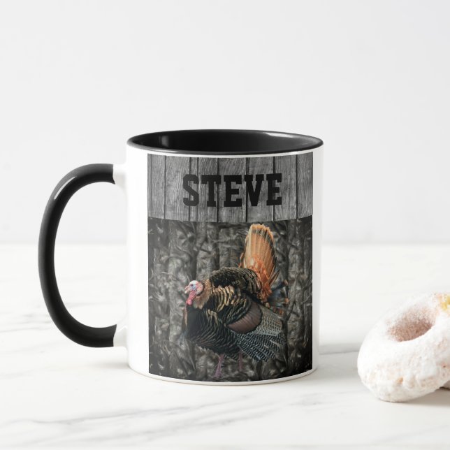 Cool Turkey Hunting Camo Name Personalised Men's Mug (With Donut)