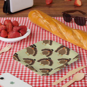 Cool Turkey Thanksgiving fun brown green pattern Paper Plate
