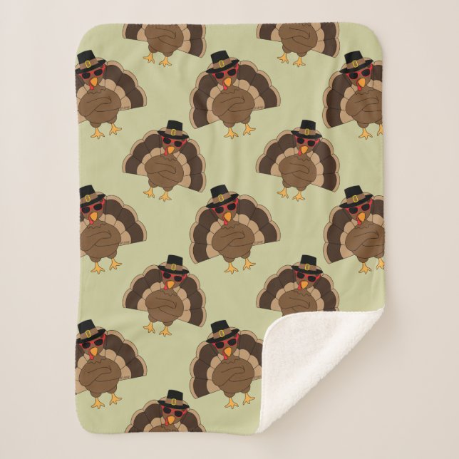 Cool Turkey Thanksgiving fun brown green pattern Sherpa Blanket (Front)
