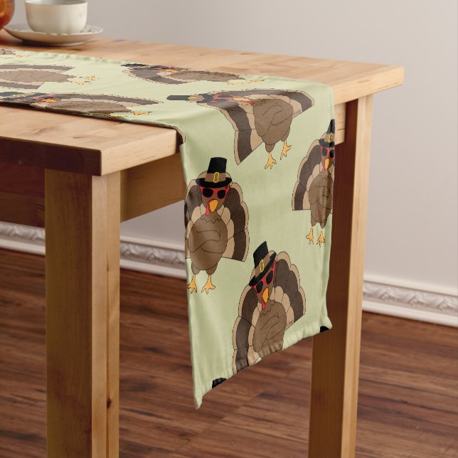 Cool Turkey Thanksgiving fun brown green pattern Short Table Runner (In Situ)