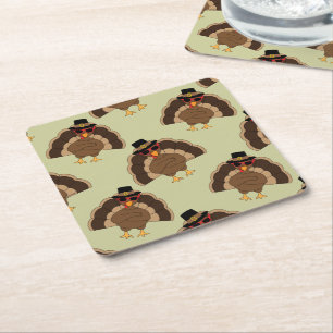 Cool Turkey Thanksgiving fun brown green pattern Square Paper Coaster