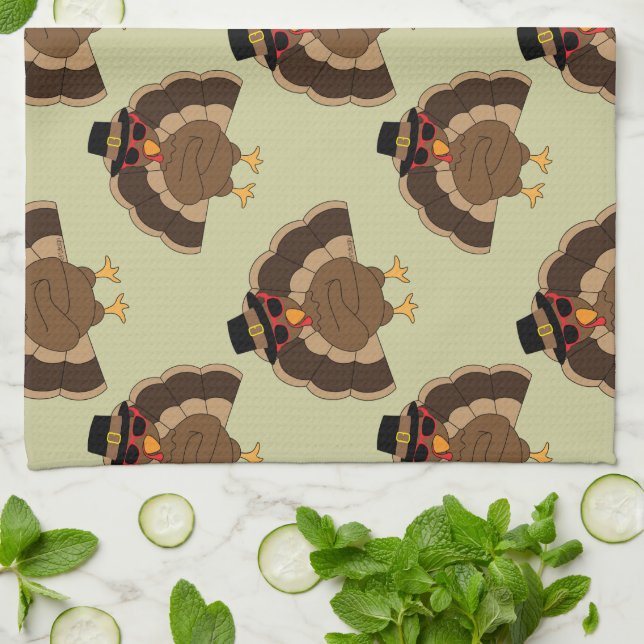 Cool Turkey Thanksgiving fun brown green pattern Tea Towel (Folded)