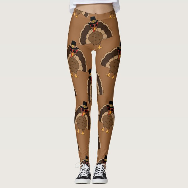 Cool Turkey Thanksgiving fun brown pattern Leggings (Front)