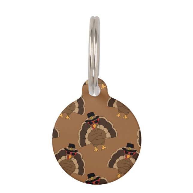 Cool Turkey Thanksgiving fun brown pattern Pet Tag (Front)