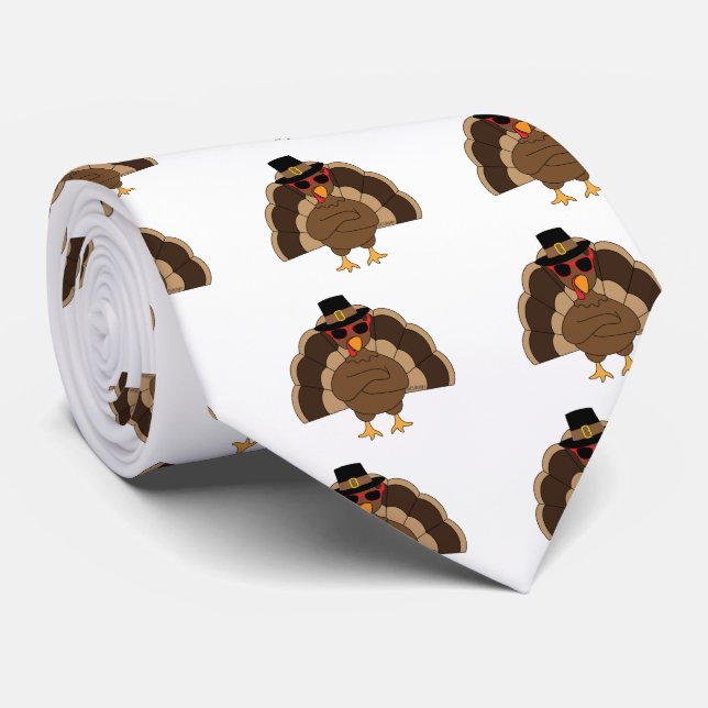 Cool Turkey Thanksgiving fun white pattern  Tie (Rolled)