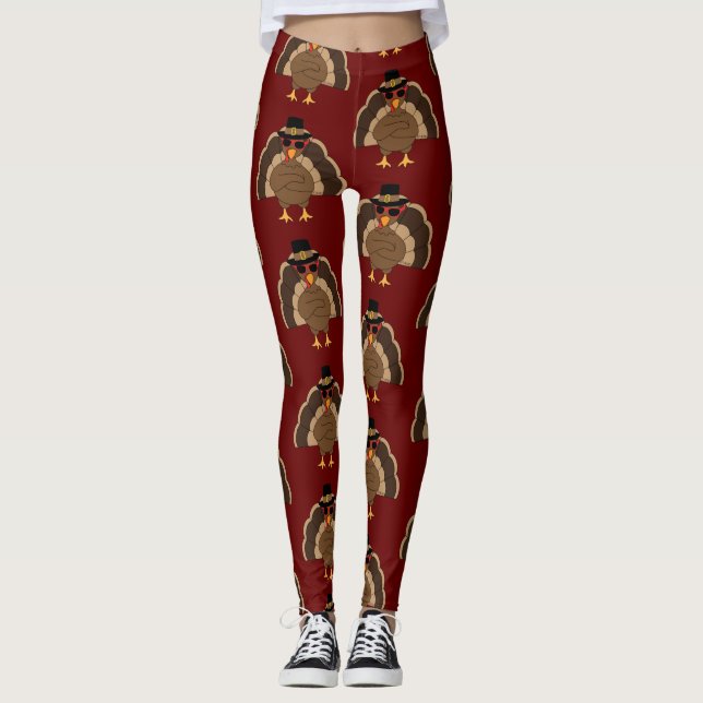 Cool Turkey Thanksgiving pattern on dark red Leggings (Front)