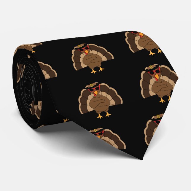Cool Turkey with sunglasses Thanksgiving black Tie (Rolled)