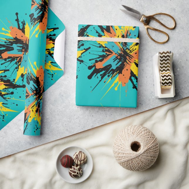 Cool Turquoise Blue Paintball Blast Paint Splatte Wrapping Paper (Crafts)