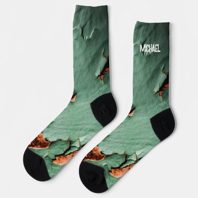Cool turquoise brown rusty metal Custom name Socks (Left)