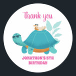Cool Turtle and Bird Cartoon Kids Birthday Party Classic Round Sticker<br><div class="desc">Cute party favours for kids,  boys or girls who love animals. Perfect for kids birthday party,  party favours and thank you label. You can also customise the text for baby shower or other occasion and party.</div>