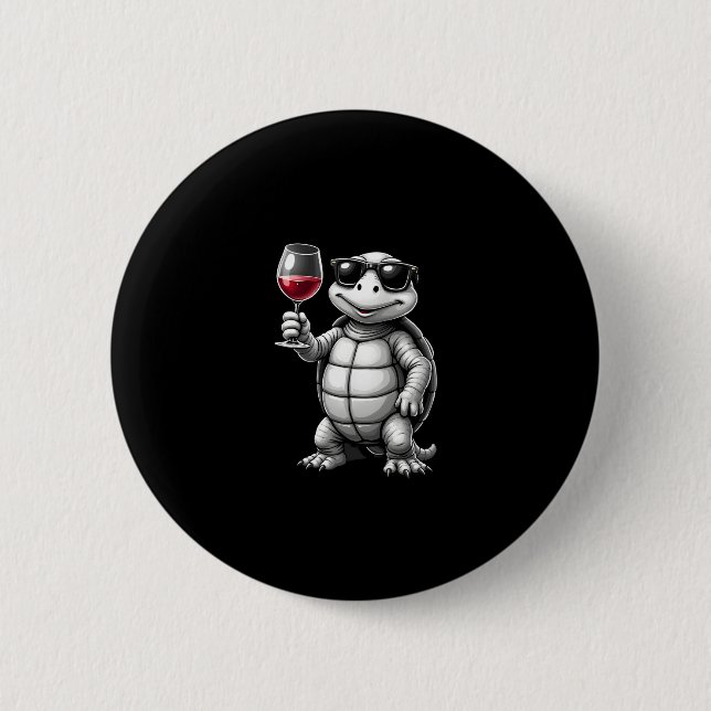 cool turtle drinking red wine art print_1 (1) 6 cm round badge (Front)