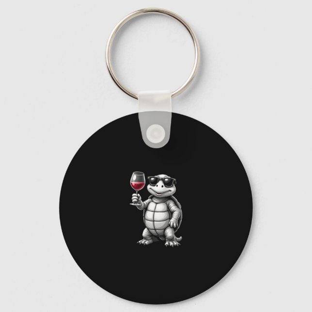 cool turtle drinking red wine art print_1 (1) key ring (Front)