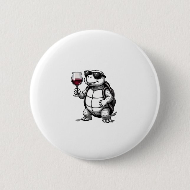 cool turtle drinking red wine art print_1 (2) 6 cm round badge (Front)