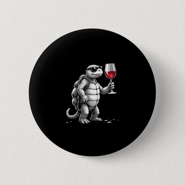 cool turtle drinking red wine art print_1 (2) 6 cm round badge (Front)