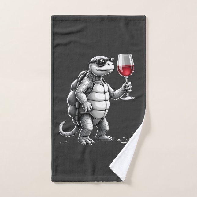 cool turtle drinking red wine art print_1 (2) hand towel (Hand Towel)