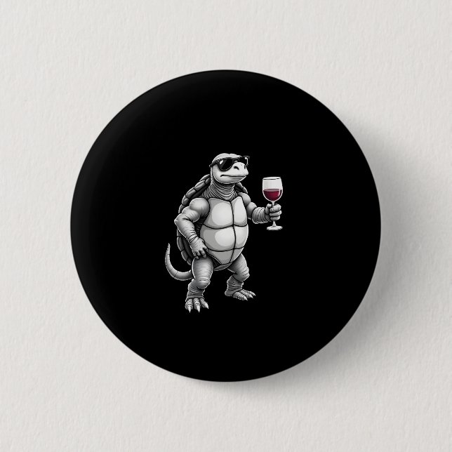 cool turtle drinking red wine art print_1 (3) 6 cm round badge (Front)