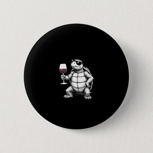 cool turtle drinking red wine art print_1 (4) 6 cm round badge (Front)