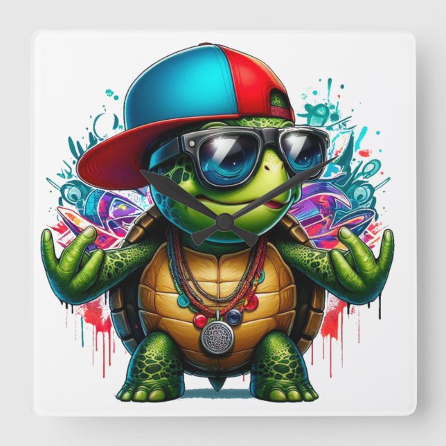 cool turtle hip hop  square wall clock (Front)